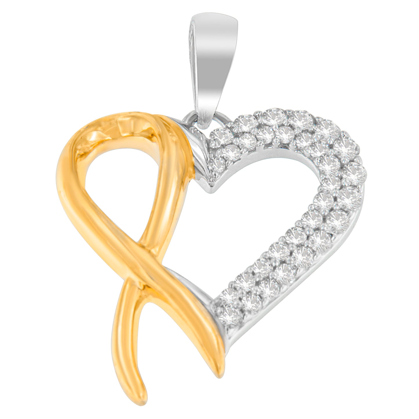 Close-up front view of a two-toned heart-shaped necklace pendant with one half adorned with round white gemstones in prong setting and the other half in smooth metal loop design.