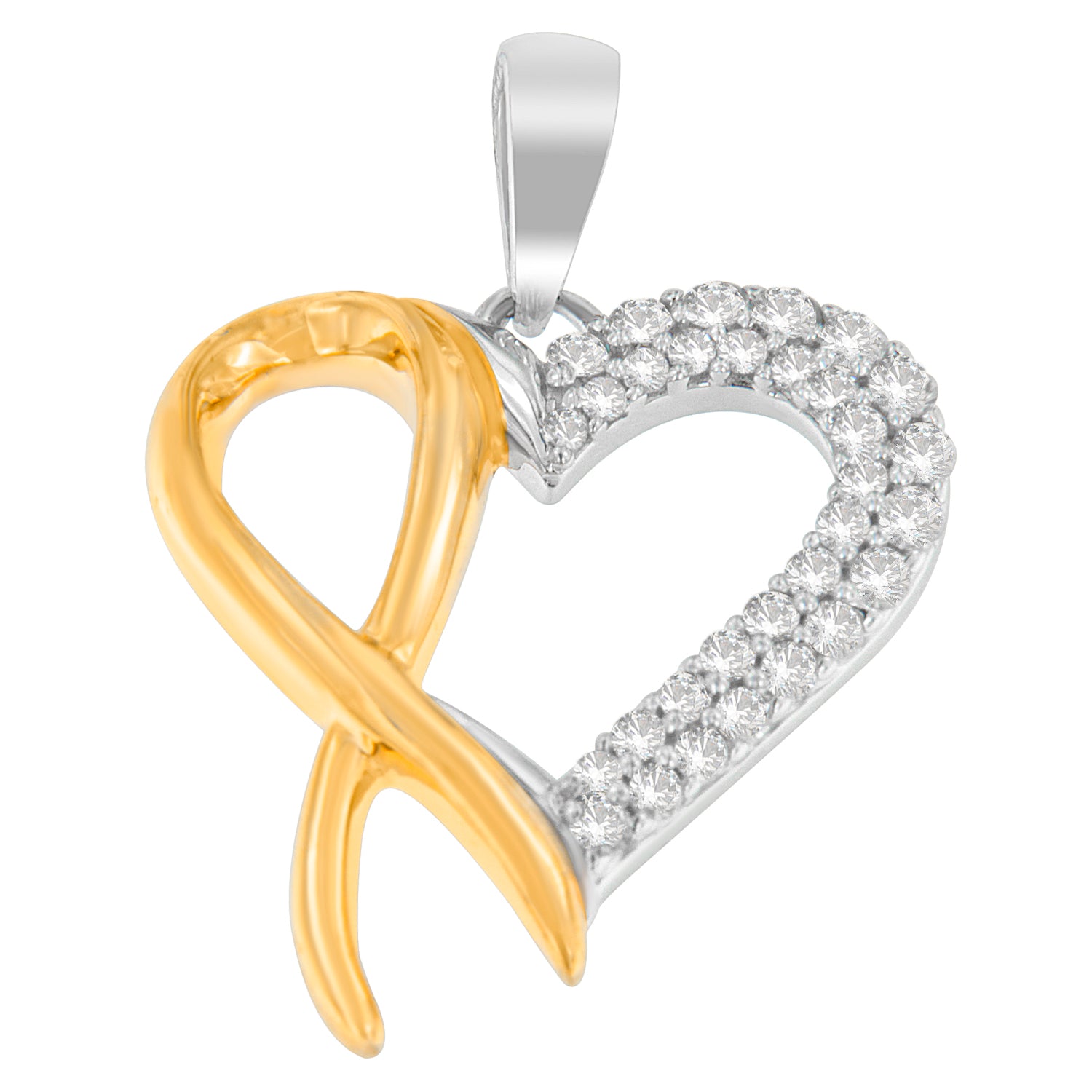 Close-up front view of a two-toned heart-shaped necklace pendant with one half adorned with round white gemstones in prong setting and the other half in smooth metal loop design.