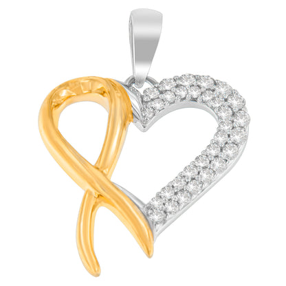 Close-up front view of a two-toned heart-shaped necklace pendant with one half adorned with round white gemstones in prong setting and the other half in smooth metal loop design.
