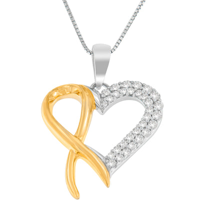 Front angle view of a two-toned heart-shaped necklace pendant with one side featuring a smooth yellow metal ribbon design and the other side adorned with round white gemstones in prong settings, hanging from a box chain.