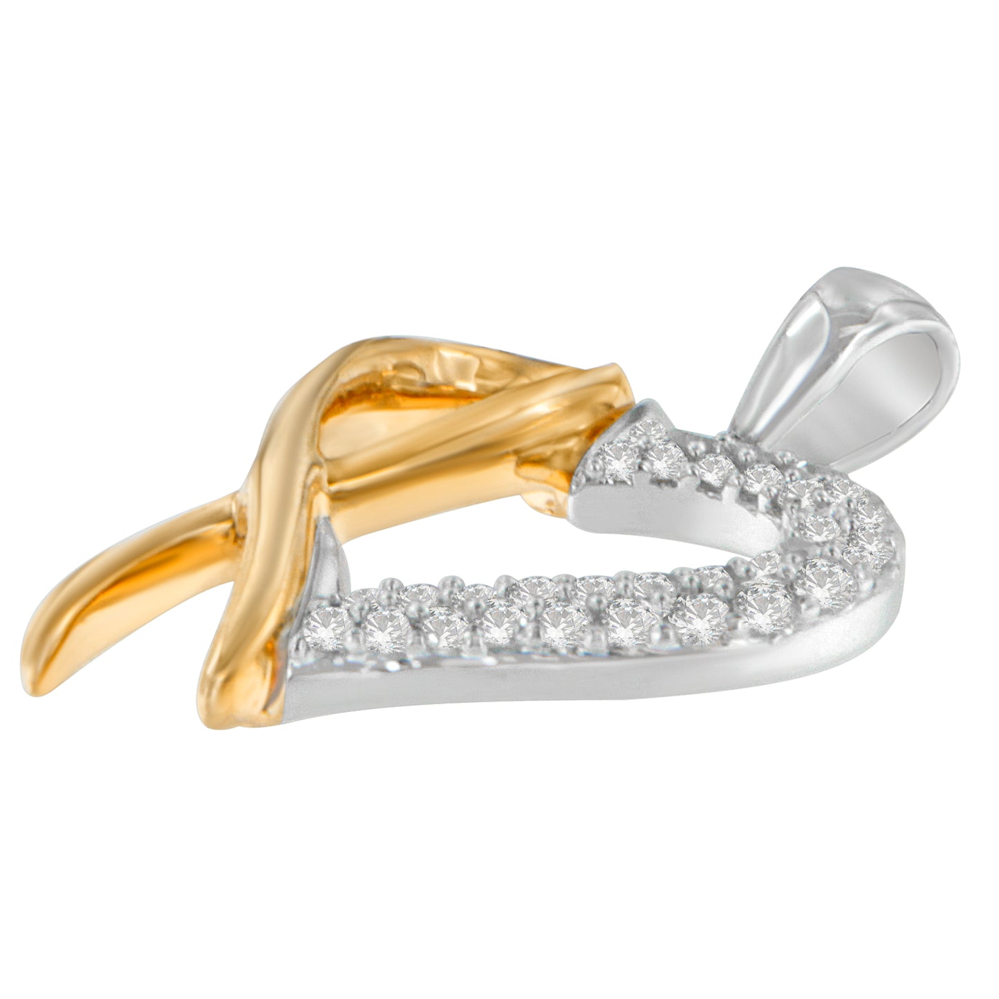 Two-toned heart-shaped necklace pendant with round white gemstones in prong settings, shown at a slight angle.