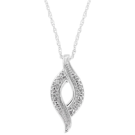 White metal necklace with an abstract twisted pendant featuring pave-set round white gemstones, shown in a front-facing angle.