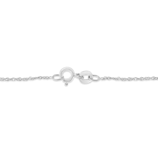 Close-up front view of a white metal necklace chain showing a round clasp.