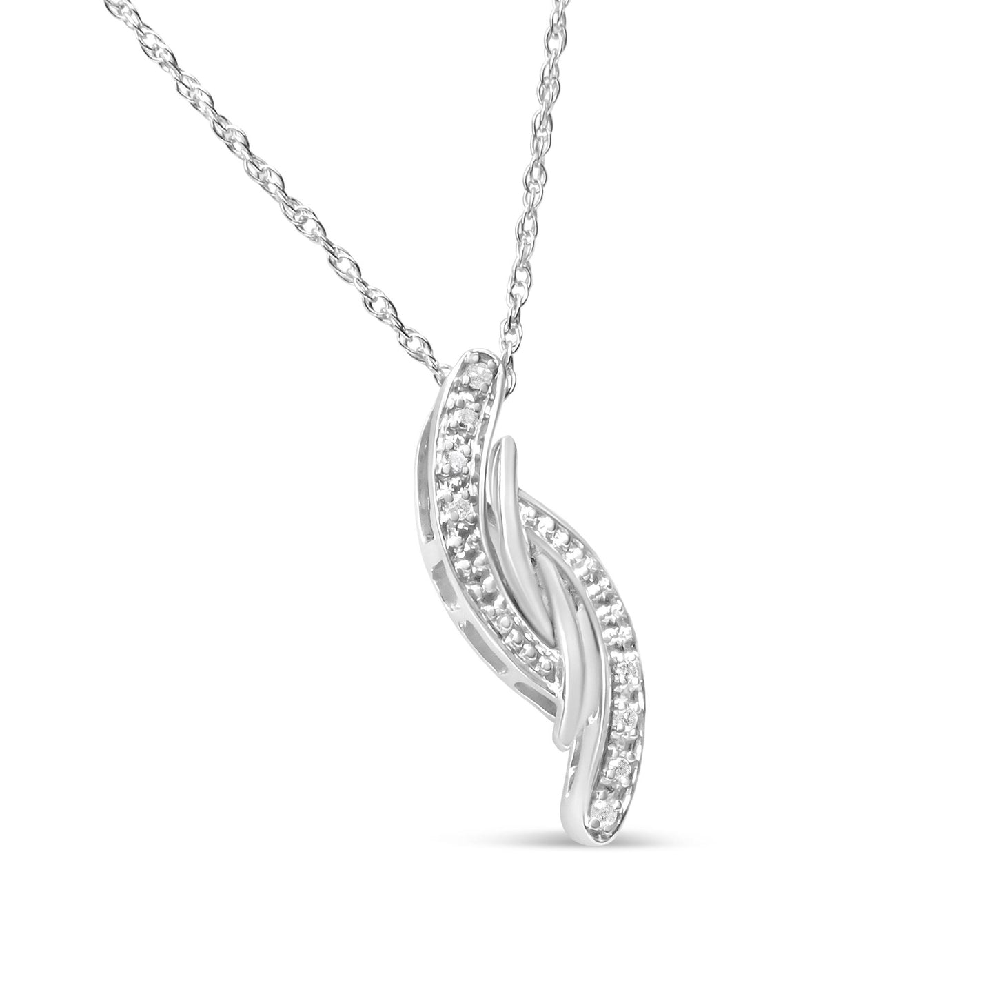 White metal necklace with a pendant featuring two intertwining curved bars accented with round white gemstones, shown from a front angle.
