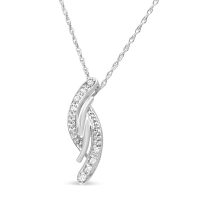 Close-up front view of a white metal necklace with a pendant featuring two curved ribbons, each set with round white gemstones in prong settings.