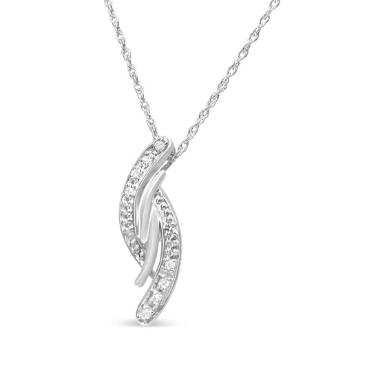 Close-up front view of a white metal necklace with a pendant featuring two curved ribbons, each set with round white gemstones in prong settings.