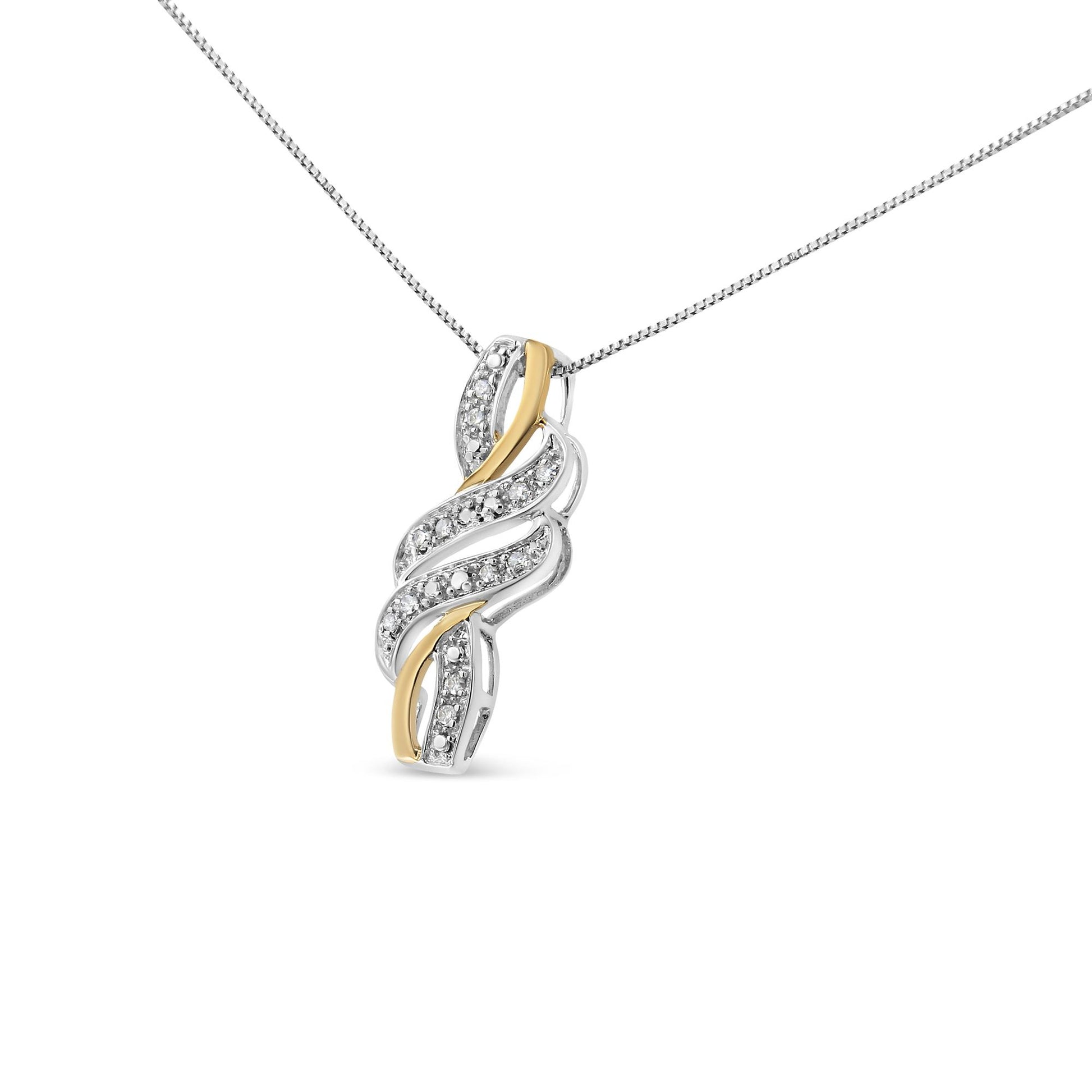 Close-up front angle of a yellow and white metal necklace pendant with intertwining bands featuring white gemstones in a pave setting.