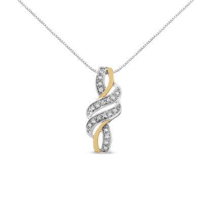 Front facing view of a yellow metal necklace with a pendant featuring a twisted design, accented with round white gemstones in a pave setting.