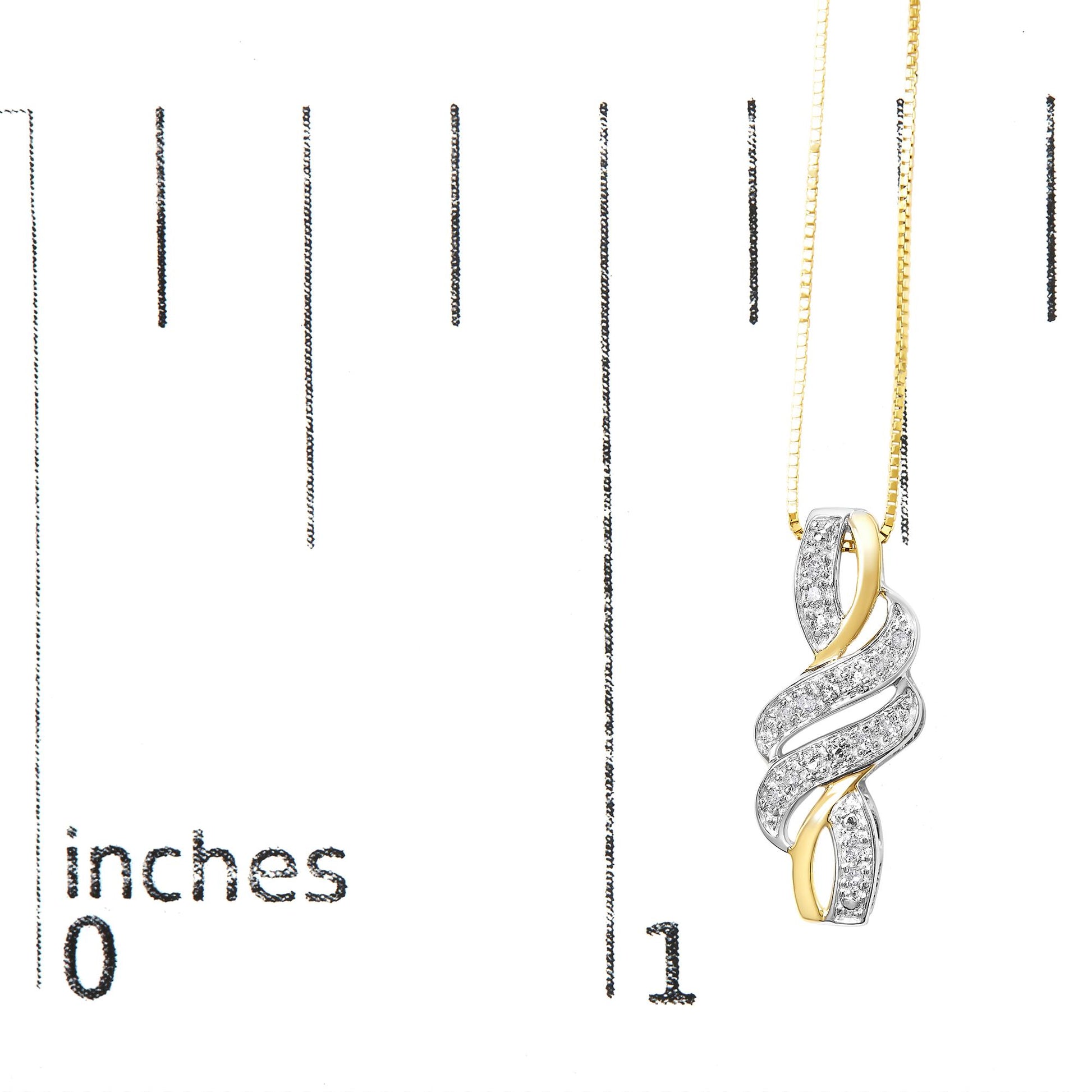 Yellow metal necklace with an intertwined pendant featuring white round pave-set gemstones, shown against a ruler for size reference.