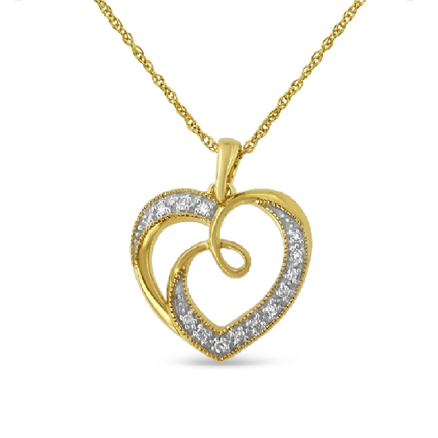 Front view of a yellow metal heart-shaped necklace pendant with white round prong-set gemstones along one side, suspended on a twisted link chain.