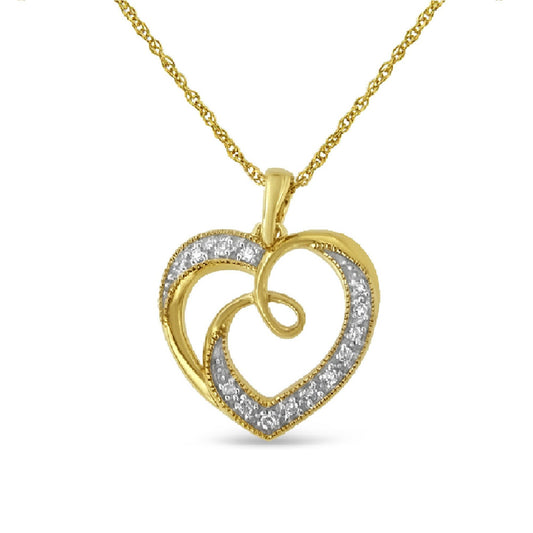 Front view of a yellow metal heart-shaped necklace pendant with white round prong-set gemstones along one side, suspended on a twisted link chain.