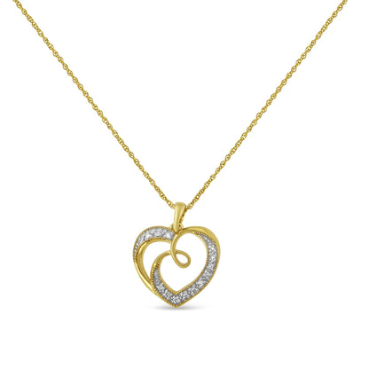 Front view of yellow metal heart-shaped necklace pendant with white round gemstones in prong setting on a matching chain.