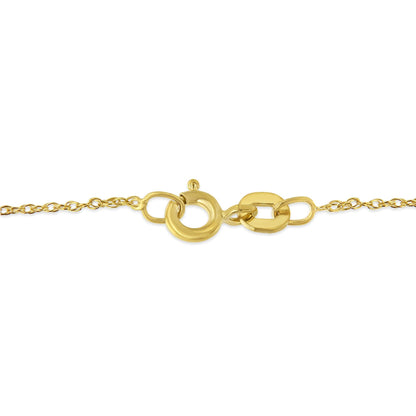 Close-up front angle of a yellow metal necklace clasp with interlocking chain links, no visible gemstones.