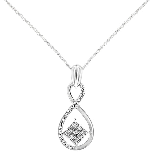 Front view of a white metal necklace with an infinity-shaped pendant featuring five round white gemstones in a pave setting on one side and a square cluster of white gemstones in the center.