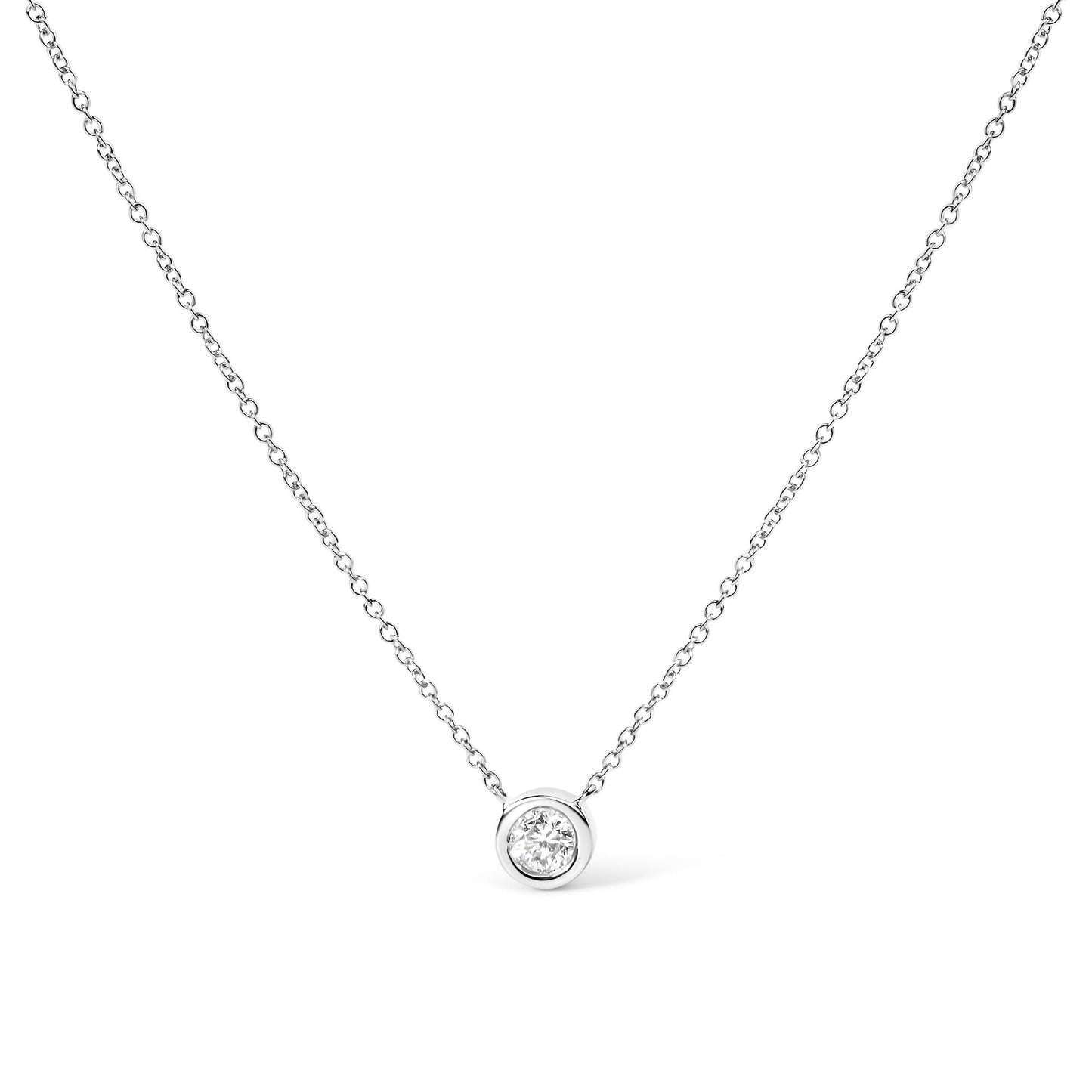 Front view of a white metal necklace featuring a round bezel-set white gemstone pendant.