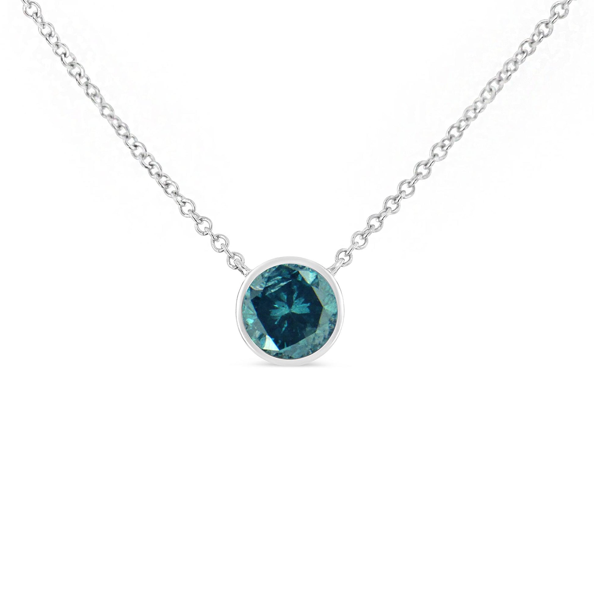 Front view of white metal necklace with a single round blue gemstone set in a bezel on a chain.