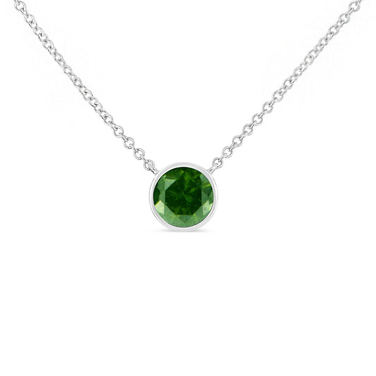 Front-facing close-up of a white metal necklace with a round green gemstone in bezel setting pendant.