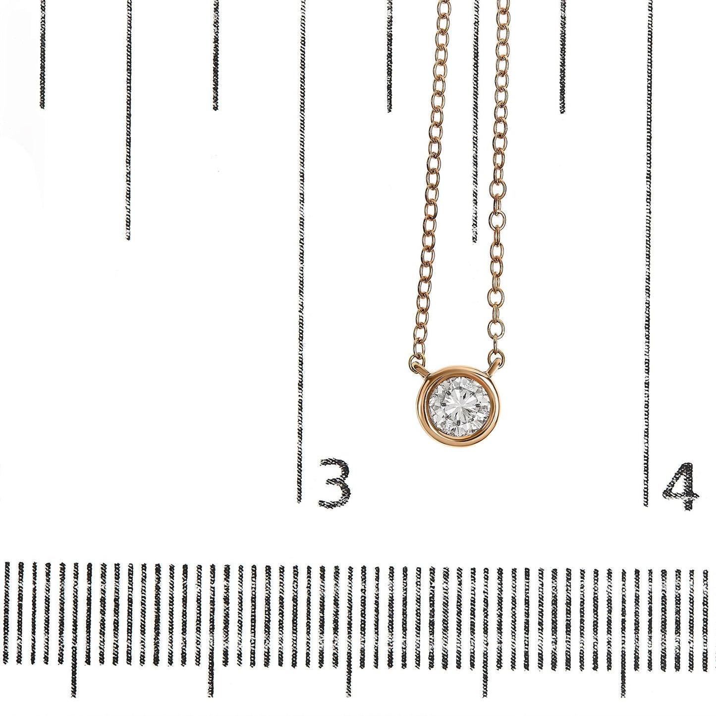 Rose-colored necklace with a round white gemstone in a bezel setting, photographed from the front on a ruler for size reference.
