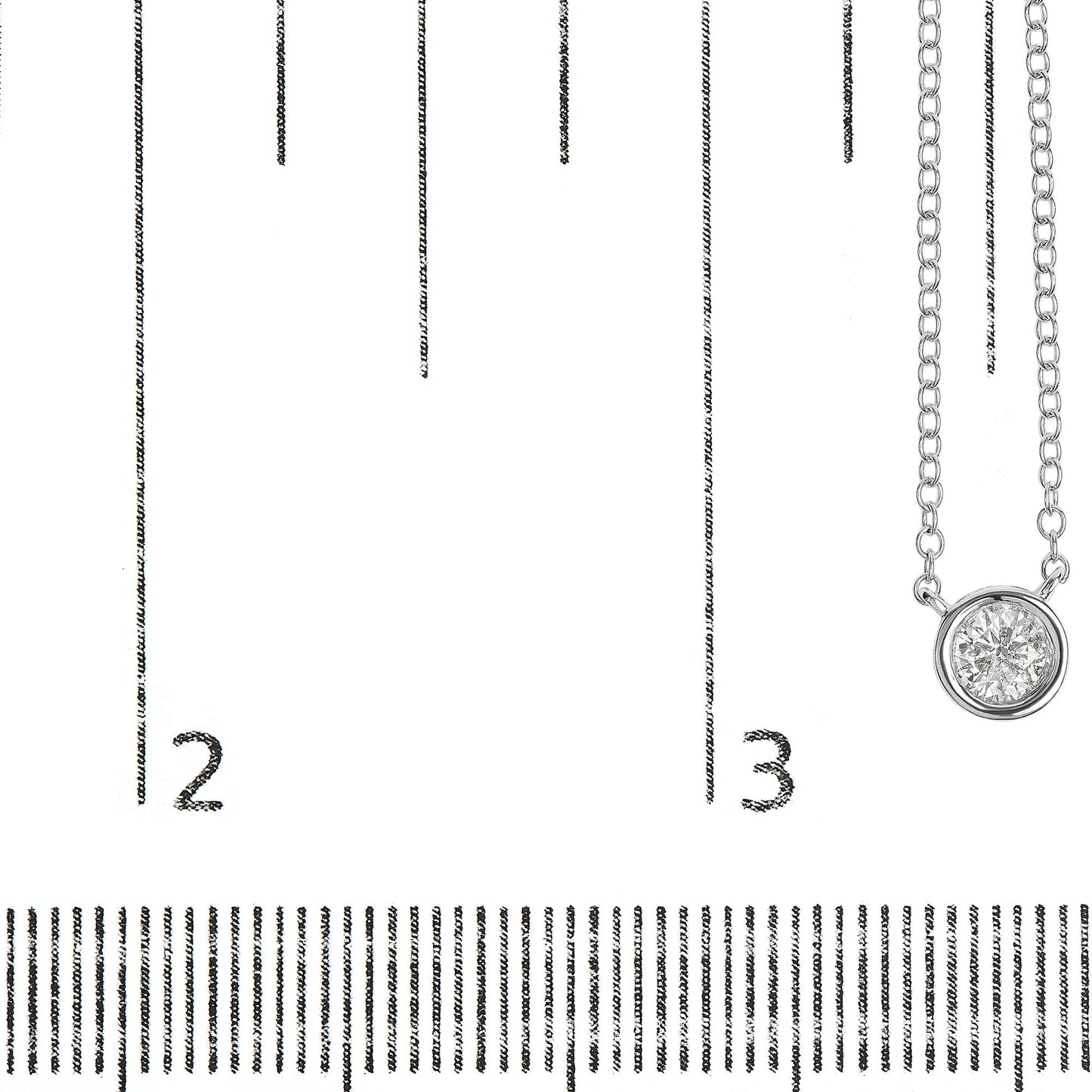 Close-up front view of a white necklace with a round white gemstone in a bezel setting, placed on a ruler for size reference.