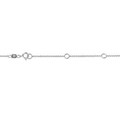Close-up image of a white necklace chain laid flat, showing the clasp and several polished round links, with a single round white gemstone in a bezel setting visible, photographed from above.
