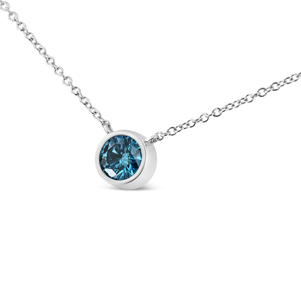 White necklace with a round blue gemstone in a bezel setting, shown in a front close-up angle.