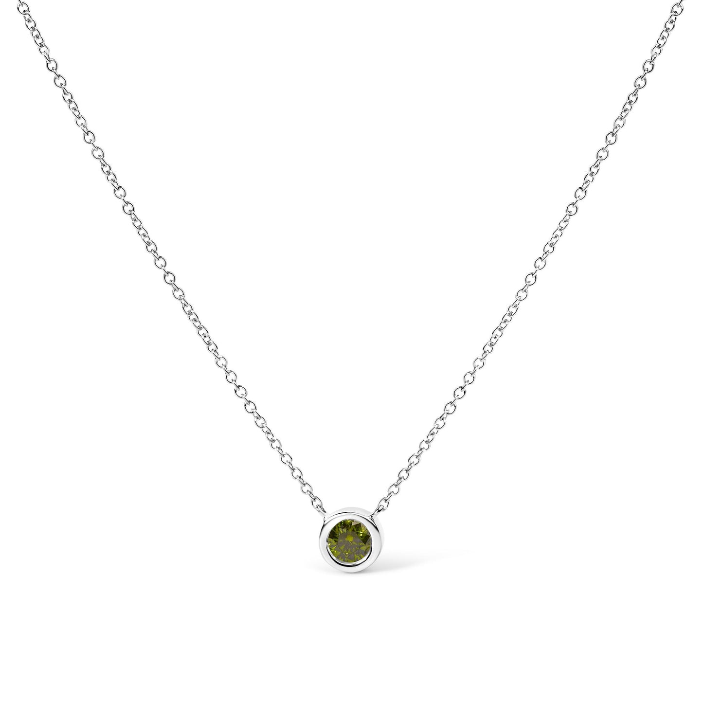 White necklace with a round green gemstone in a bezel setting, shown from the front on a white background.