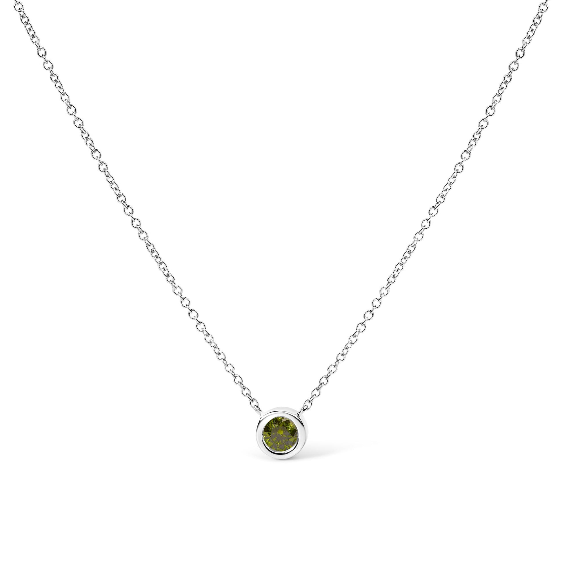 White necklace with a round green gemstone in a bezel setting, shown from the front on a white background.
