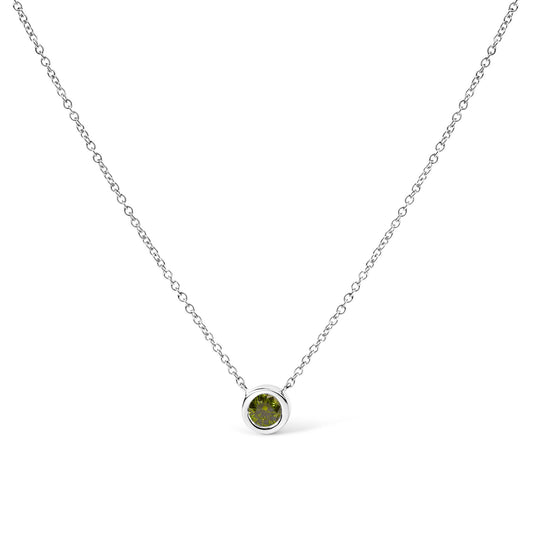 White necklace with a round green gemstone in a bezel setting, shown from the front on a white background.