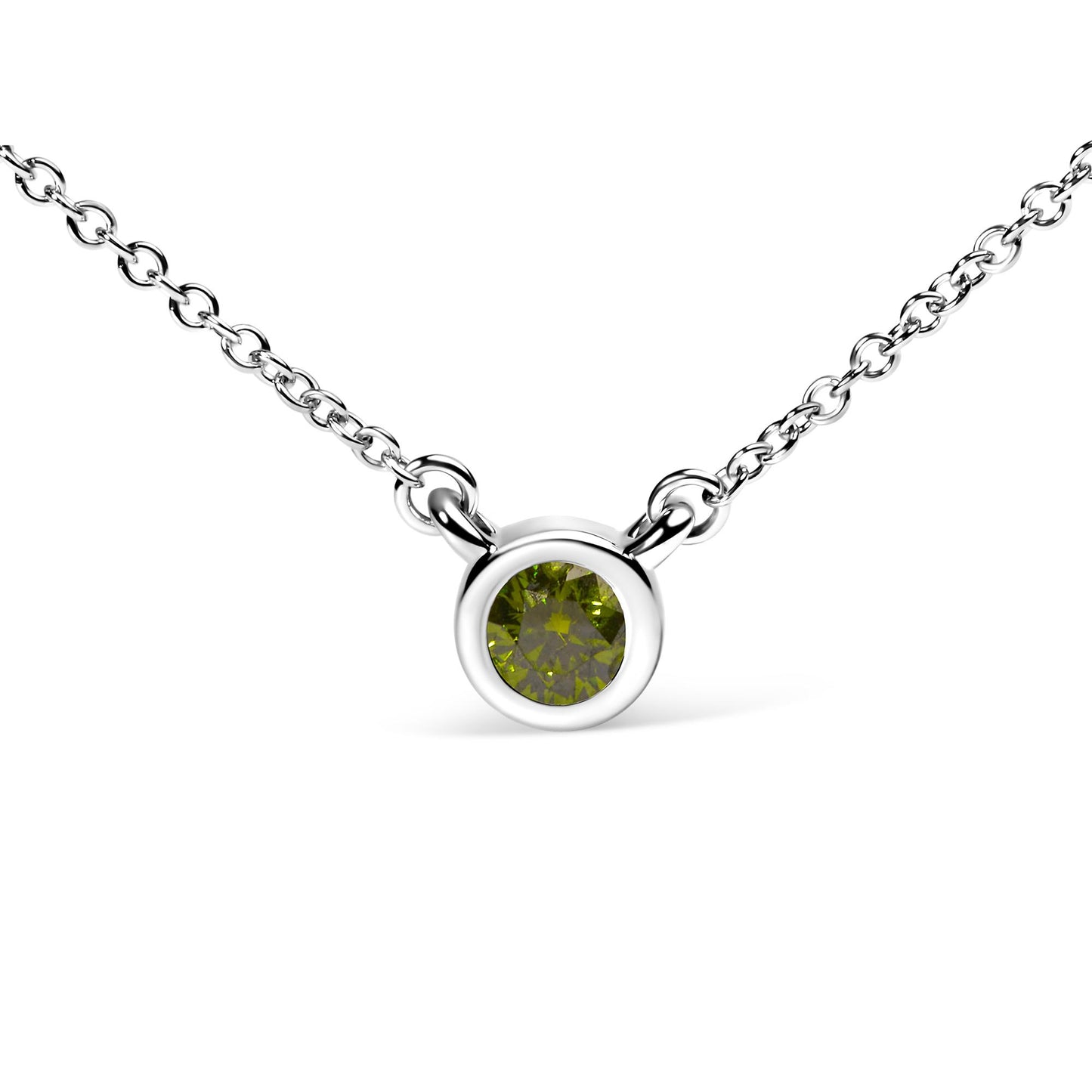 Close-up front view of a white metal necklace with a round green gemstone in a bezel setting at the center.