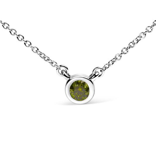 Close-up front view of a white metal necklace with a round green gemstone in a bezel setting at the center.