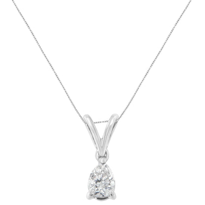 Front angle view of a white metal necklace with a pear-shaped white gemstone in a prong setting.