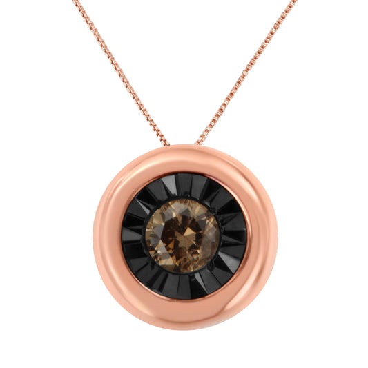 Front view of a rose metal round pendant necklace featuring a central champagne-colored round gemstone surrounded by black gemstones.