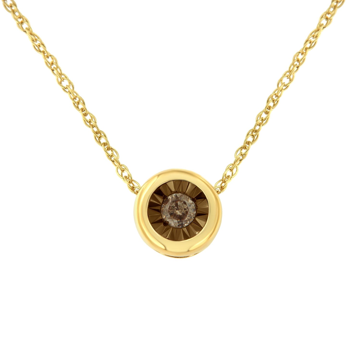 Front view of a yellow metal necklace with a round pendant featuring a centrally set brownish round gemstone in a miracle setting.