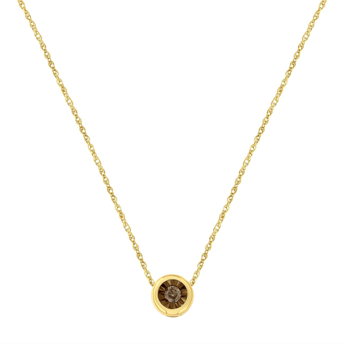 Yellow metal necklace with round brownish gemstone in miracle setting, front view.
