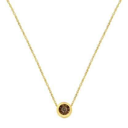 Yellow metal necklace with round brownish gemstone in miracle setting, front view.