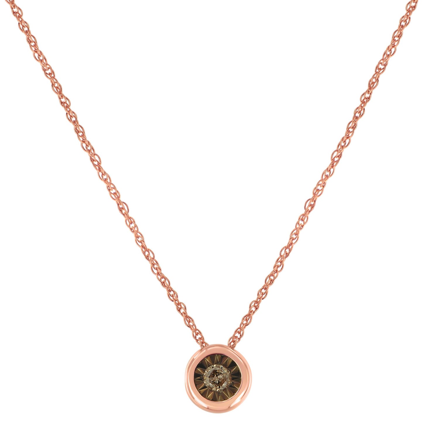 Rose metal necklace with a round champagne-colored gemstone in a miracle setting, shown from the front on a white background.