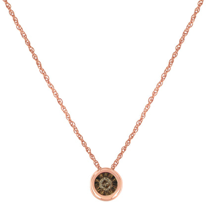 Rose metal necklace with a round champagne-colored gemstone in a miracle setting, shown from the front on a white background.