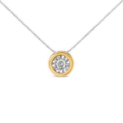 Front view of yellow metal necklace with circular pendant featuring a round white gemstone in a miracle setting.