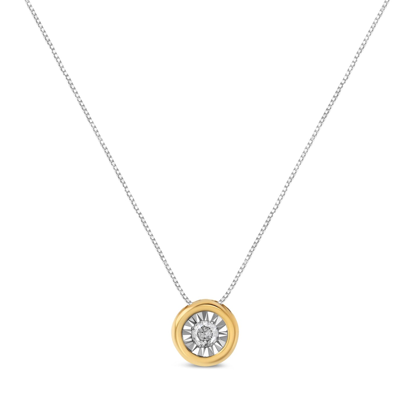 Front-facing shot of a yellow metal necklace with a round white gemstone in a miracle setting pendant on a light chain.