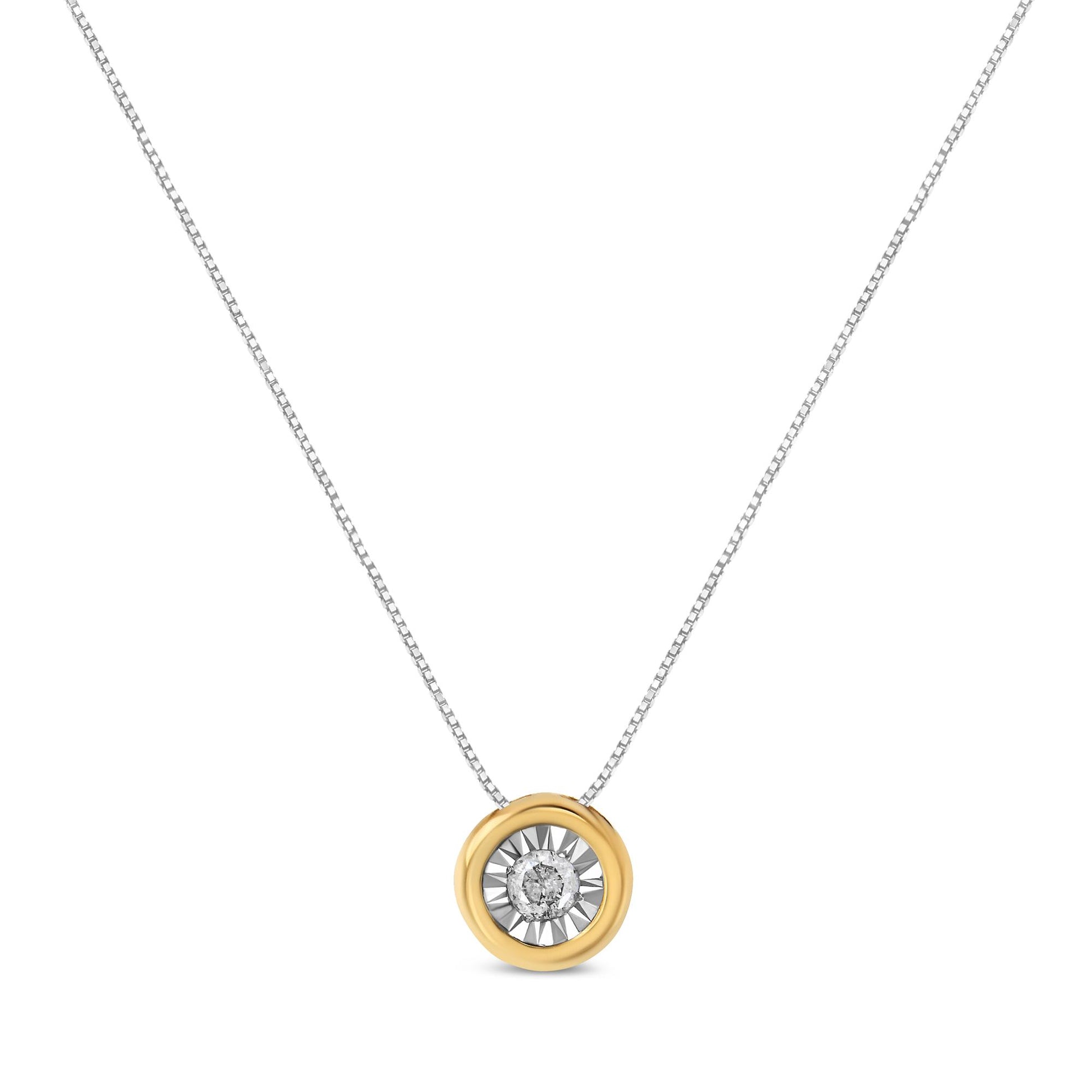 Front-facing shot of a yellow metal necklace with a round white gemstone in a miracle setting pendant on a light chain.