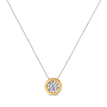 Front-facing shot of a yellow metal necklace with a round white gemstone in a miracle setting pendant on a light chain.