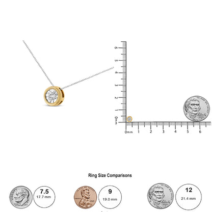 Close-up front angle of yellow necklace with round white gemstone in miracle setting, shown next to ruler and coin for size reference.