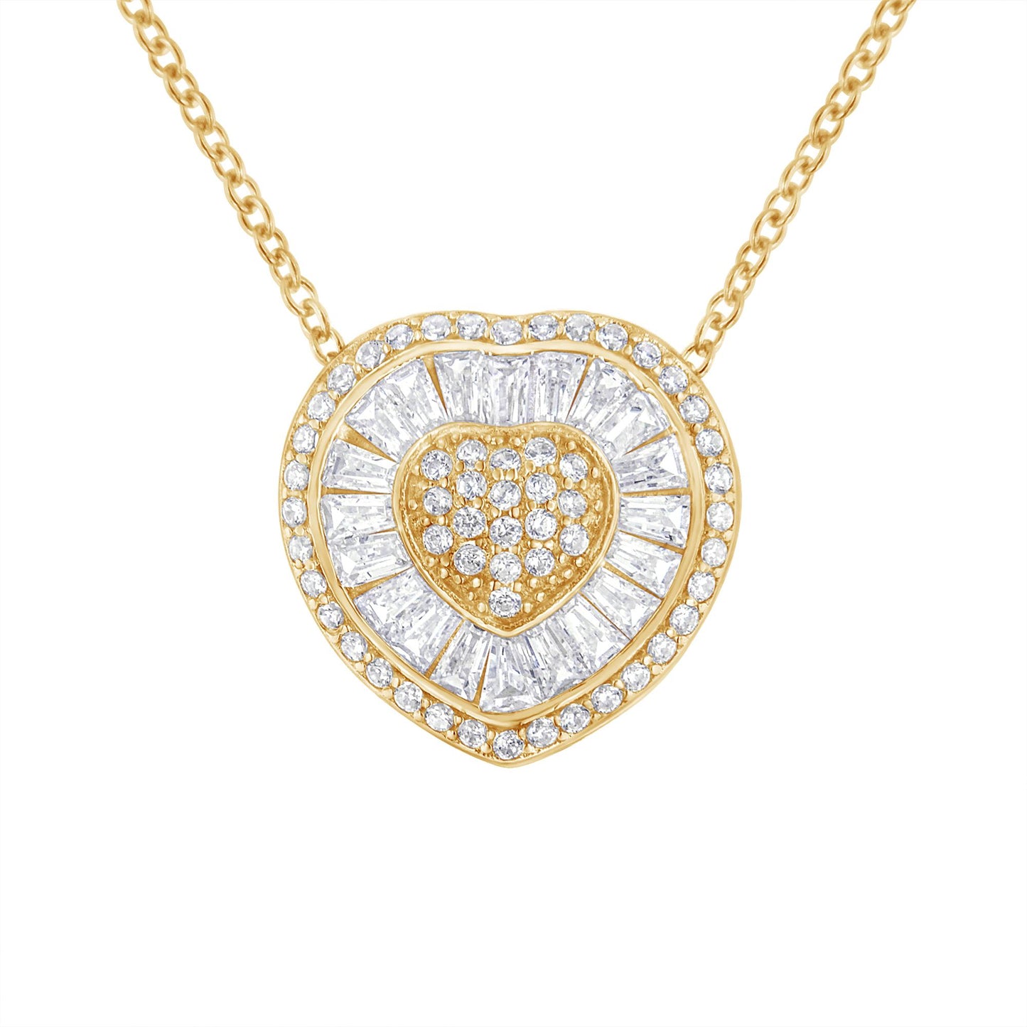 Front-facing shot of a yellow metal heart-shaped necklace pendant with white round prong-set gemstones in the center and an outer layer of white baguette channel-set gemstones surrounded by a border of white round prong-set gemstones, on a yellow chain.