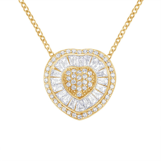 Front-facing shot of a yellow metal heart-shaped necklace pendant with white round prong-set gemstones in the center and an outer layer of white baguette channel-set gemstones surrounded by a border of white round prong-set gemstones, on a yellow chain.