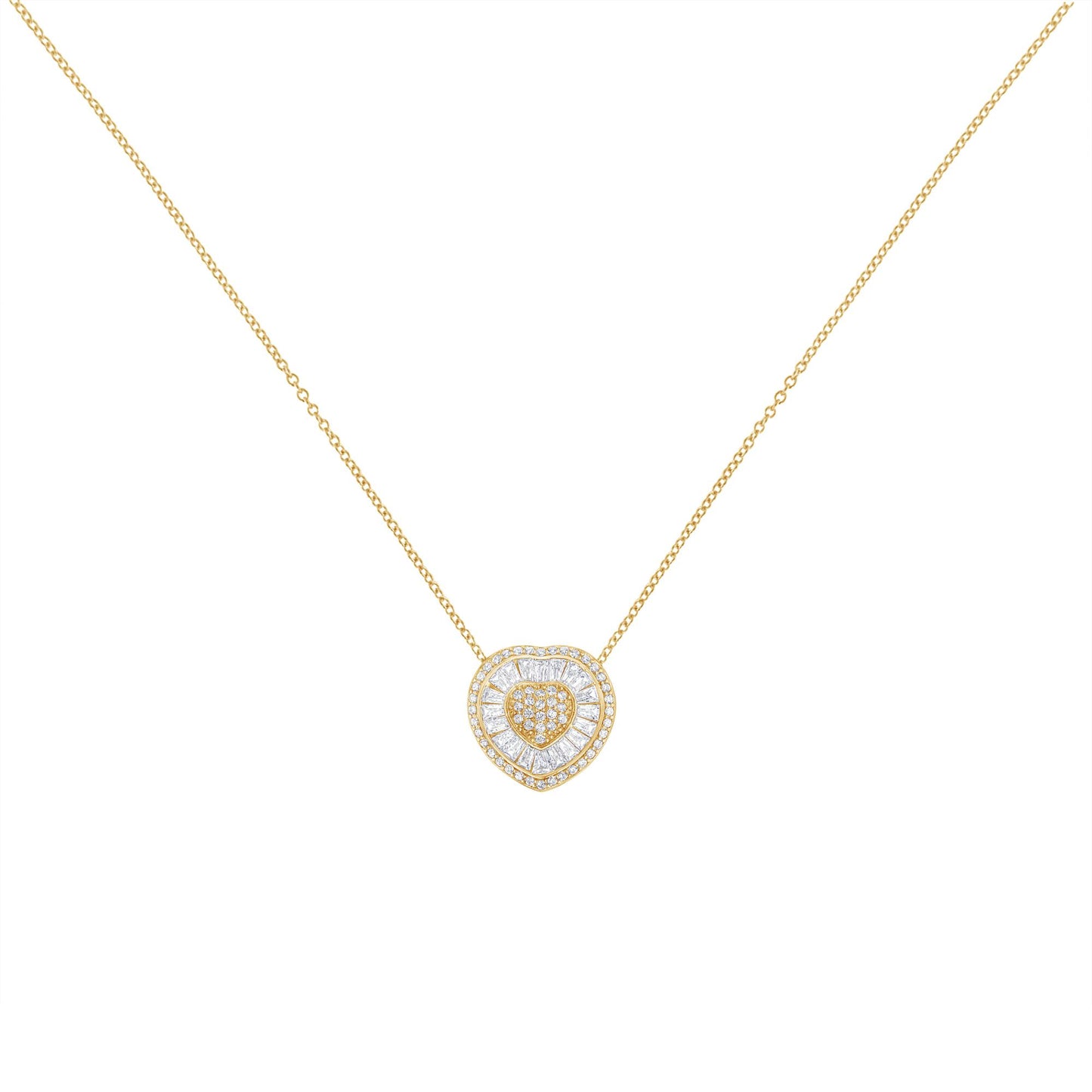 Front view of a yellow metal necklace with a heart-shaped pendant featuring a border of white baguette gemstones in channel setting and an inner cluster of white round gemstones in prong setting.