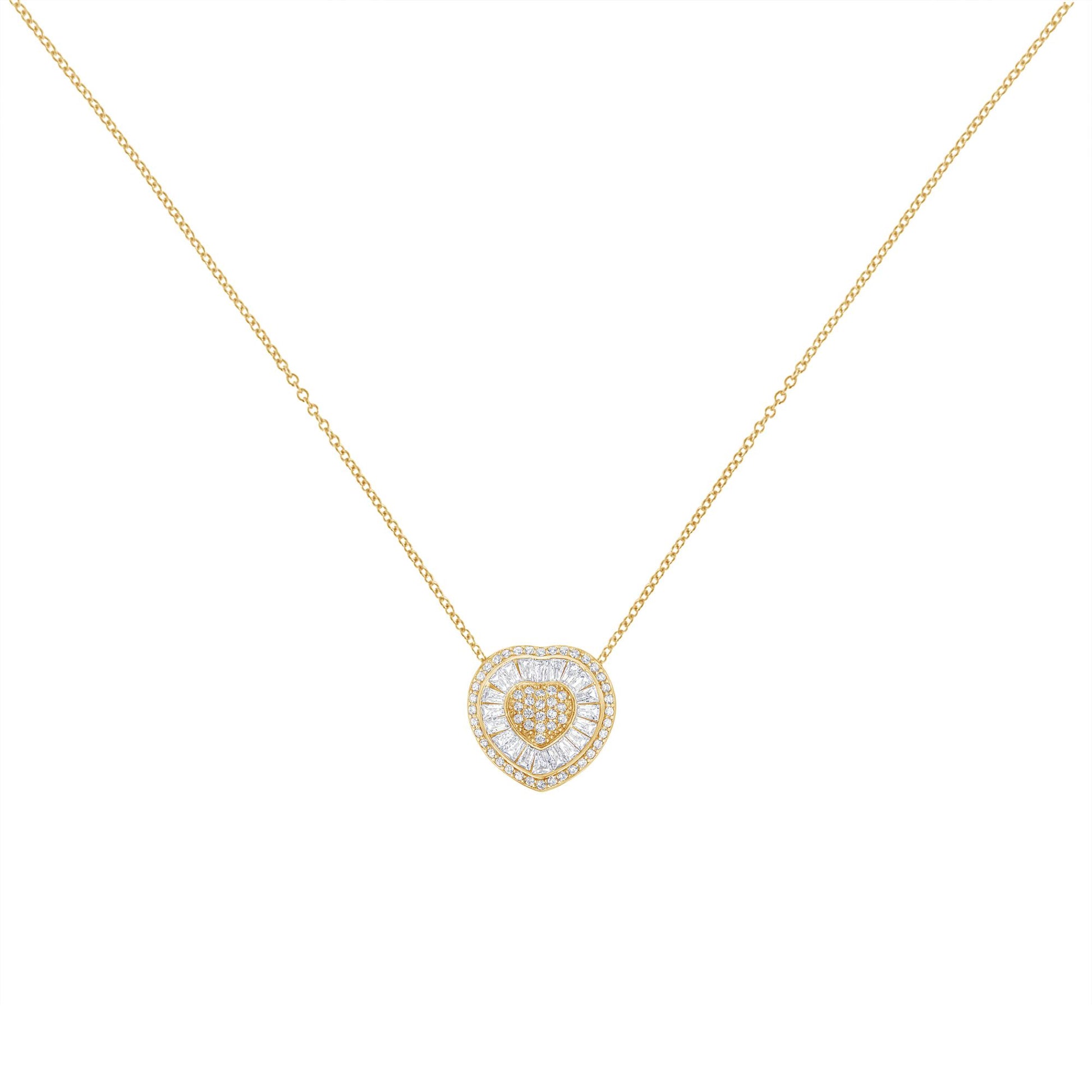 Front view of a yellow metal necklace with a heart-shaped pendant featuring a border of white baguette gemstones in channel setting and an inner cluster of white round gemstones in prong setting.