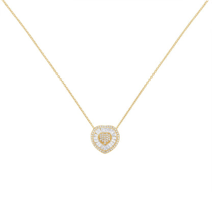 Front view of a yellow metal necklace with a heart-shaped pendant featuring a border of white baguette gemstones in channel setting and an inner cluster of white round gemstones in prong setting.