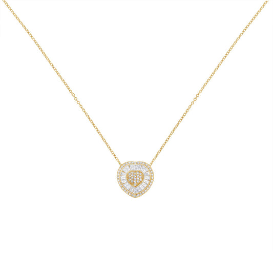 Front view of a yellow metal necklace with a heart-shaped pendant featuring a border of white baguette gemstones in channel setting and an inner cluster of white round gemstones in prong setting.