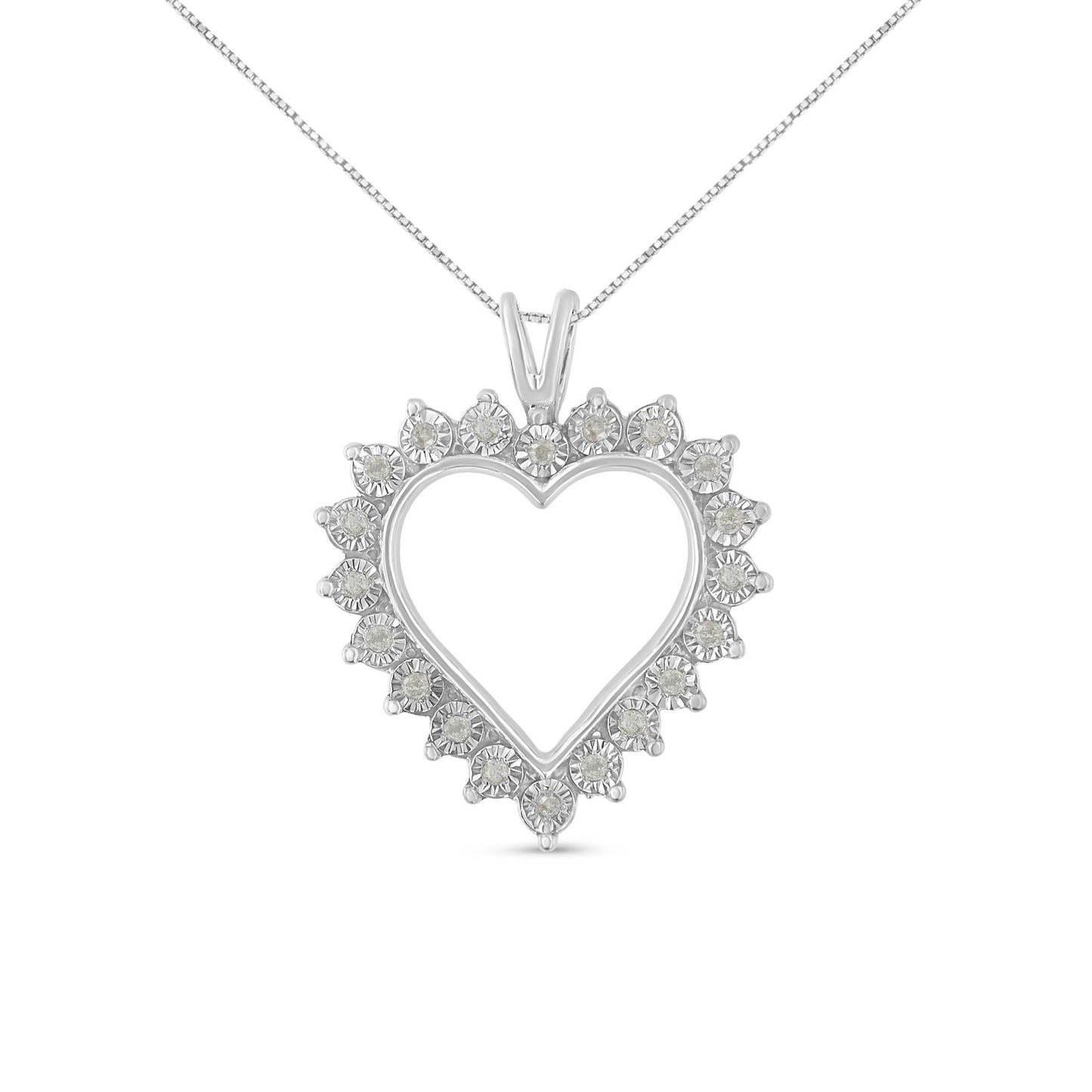Front-facing image of a white metal heart-shaped necklace pendant with round white gemstones in a miracle setting around the perimeter.