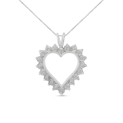 Front-facing image of a white metal heart-shaped necklace pendant with round white gemstones in a miracle setting around the perimeter.